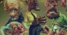 Intense caricature featuring diverse characters in a surreal scene, showcasing unique expressions and dramatic postures.
