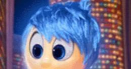 Joy from Inside Out (2015) radiates happiness with her bright blue hair and beaming smile against a colorful backdrop.