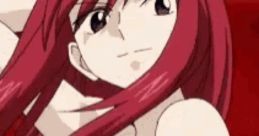 Erza Scarlet from Fairy Tail showcases her confident pose, featuring iconic blue guild mark and striking red hair.
