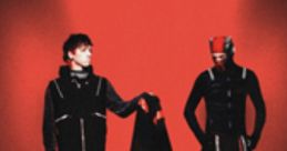 Twenty One Pilots duo in striking black outfits against a bold red background, capturing the essence of "Breach.