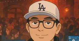 Stylish animated character wearing an LA cap and glasses, standing confidently in a vibrant tech crowd, perfect for Voz De Locutor.