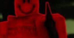 Vibrant red Roblox character with a smiley face, showcasing a playful yet mysterious vibe in a dark setting.