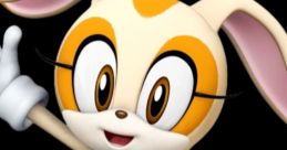 Cream the Rabbit, a cheerful character in an orange dress with a blue ribbon, waving enthusiastically.