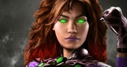 Starfire from Injustice 2, showcasing her vibrant costume and glowing green eyes, ready for battle.
