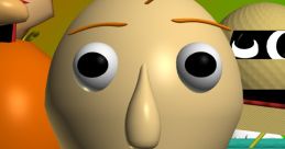 Close-up of Baldi character from "Baldi's Basics - You're Mine," showcasing a vibrant green outfit and exaggerated facial features.