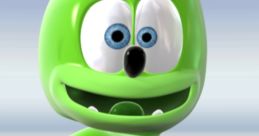 Cheerful green gummy bear character dancing joyfully, representing "The Gummy Bear Song Singing" in vibrant animation.