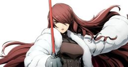 Mitsuru Kirijo in a sleek black outfit and fur coat, wielding a sword, showcases her powerful presence in P4A.
