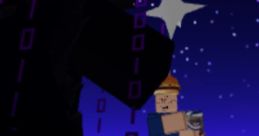 Character dressed in dark attire facing a gamer holding a can, with a starburst and digital elements in a vivid backdrop.