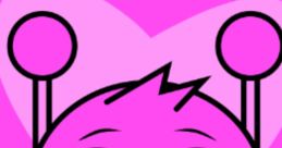 Cheerful pink character with big eyes and raised arms, set against a vibrant pink heart background, embodying joy and playfulness.