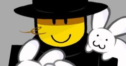 Mafioso character from Roblox Forsaken-Dream, holding playful Frozen Soul bunnies in a whimsical pose.