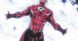 Heroic figure in a red superhero costume, showcasing strength and agility against a cosmic background.
