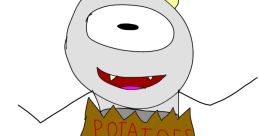 Whimsical cartoon character resembling a potato king, donning a crown and marked with "POTATOES 10KG" in bold letters.