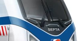 Close-up of ACS-64 SEPTA train, showcasing its sleek design, front headlights, and distinctive branding.