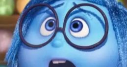 Sadness character from Inside Out, expressing concern, showcases her iconic blue tone and oversized glasses in a cozy sweater.