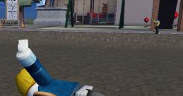 Player character in Roblox holding a water bottle and pretzel, set in a vibrant game environment with buildings and trees.