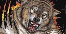 Ferocious wolf bursting through a wall, fierce expression, sharp claws, surrounded by flames and dark background. Ripping cont art.