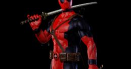 Deadpool in red and black costume wielding swords; iconic Marvel Heroes character showcasing his playful attitude and strength.