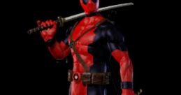 Deadpool stands heroically, brandishing swords, showcasing his iconic red and black costume in a dynamic pose.