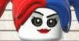 Harley Quinn Lego figure with vibrant red and blue hair, showcasing her iconic costume from the Lego DC Supervillains series.