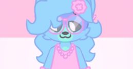 Cute anthropomorphic character with vibrant blue hair, pink accessories, and a pastel outfit against a colorful background.