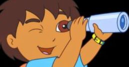 Diego Marquez from "Go, Diego, Go!" holds a telescope, ready for adventure, wearing a blue shirt and orange backpack.