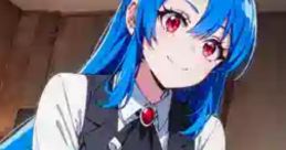 Minami Nanami V2 with blue hair and red eyes, wearing a stylish black and white outfit, smiles warmly in a cozy setting.