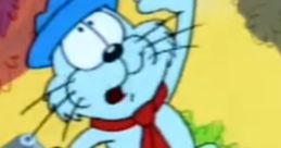 Feline Philosopher Cat striking a thoughtful pose atop a barrel, wearing a blue hat and red scarf in a vibrant setting.