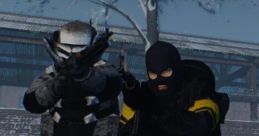 Russian mercenaries in Payday 2, armed and ready for action in a snowy environment, showcasing intense teamwork.