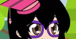 Graduation-themed character with long black hair, pink cap, and playful outfit, representing creativity and achievement.