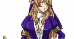 Sigui from Queen's Blade Rebellion, dressed in purple and white, wields a staff, showcasing her fierce elegance.