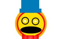 Colorful character from Demo!Pizzy Fizzy, featuring a yellow face, blue top hat, and white coat with red bow tie.