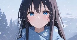 Yukino Yukinoshita in a snowy landscape, wearing a blue scarf with snowflakes, radiating winter elegance and serenity.