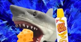 Sharkey Boi graphic featuring a shark with cheese, a gaming controller, and a playful blue background. Fun and quirky design!