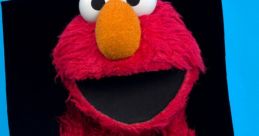 Elmo puppet with bright red fur, wide smile, and orange nose, set against a vibrant blue background, inviting joy and laughter.