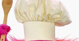 Gonger, the lively pink monster chef, joyfully holds a wooden spoon while wearing a chef's hat and apron.