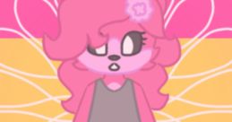 Cute pink character from "Sweety Treaty," featuring fluffy fur and a stylish dress against a colorful background.