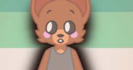 Cartoon character with fox-like features, wearing a gray tank top and blue jeans, set against a colorful striped background.