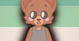 Stylized anthropomorphic character with cute features, wearing a gray shirt and blue pants, set against a colorful background.