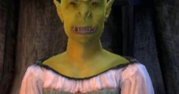 Character design of Batul gra-Sharob, a quest-giver in a fantasy RPG, wearing a rustic outfit with a unique green skin tone.