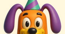 Colorful cartoon dog character, Bobby The Doggo 3, wearing a party hat and bright outfit, exudes fun and playfulness.