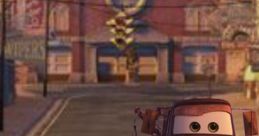 Lightning McQueen and Tow Mater from Cars, enjoying a moment on a dusty road in Radiator Springs, showcasing their friendship.
