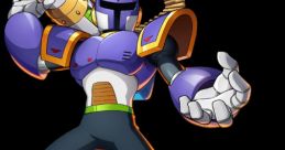 Vile, a character from Mega Man X, stands ready for action, showcasing a unique purple and blue design with a cannon arm.