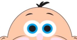 Cartoon baby character with big blue eyes and a cheerful smile, representing the narrator from "It's Baby Big Mouth.