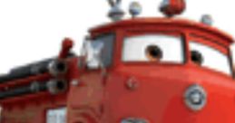 Animated character Red from the 2006 movie Cars, a cheerful fire truck with a friendly smile and vintage design.