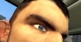 Close-up of a cartoonish male character with exaggerated features driving a luxurious car, showcasing unique animation style.