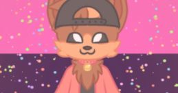 Colorful animated character featuring a furry design, wearing a cap, casual outfit, and set against a vibrant glittery background.
