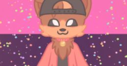 Stylish anthropomorphic character with a cap and casual outfit, vibrant backdrop featuring pastel colors and glitter.