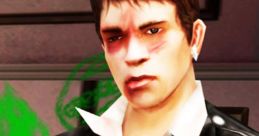 Johnny Vincent from BULLY with a serious expression, wearing a leather jacket and showing visible bruises on his face.