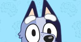 Cheerful cartoon blue healer character with big eyes and a friendly smile on a vibrant blue background.