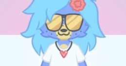 Cute and colorful character from Clinky Blinky, featuring blue hair, sunglasses, and a fashionable outfit against a pastel background.